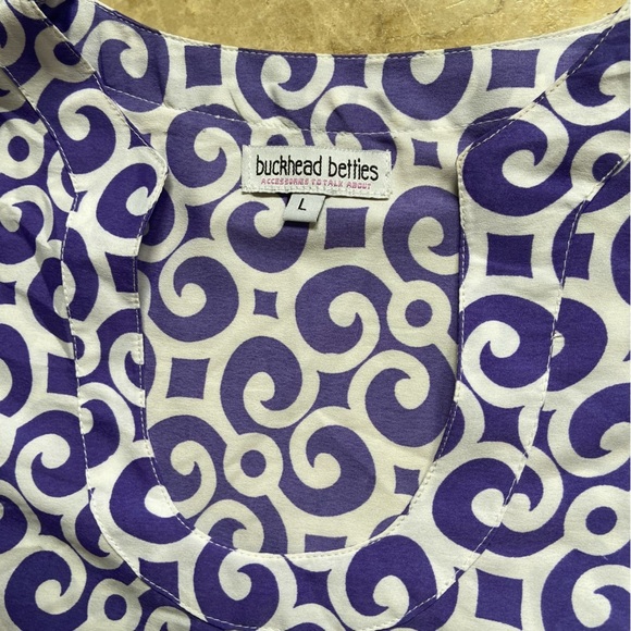 Buckhead Betties Silky Shift Dress Size L Purple White Design Bell Sleeve Roomy - Picture 2 of 12
